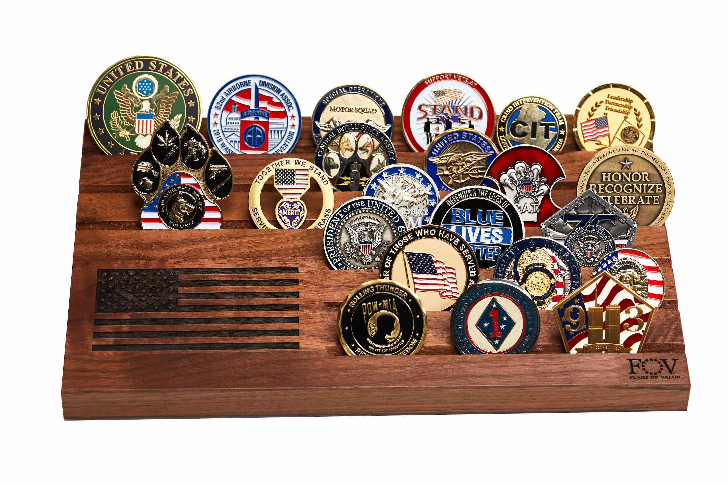 Wooden Desktop Challenge Coin Holder Framed American Flag Art